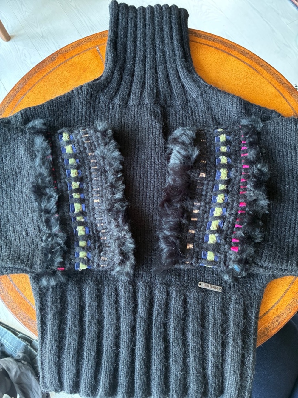 Charcoal Knit Turtleneck Sweater with real Fur Trim